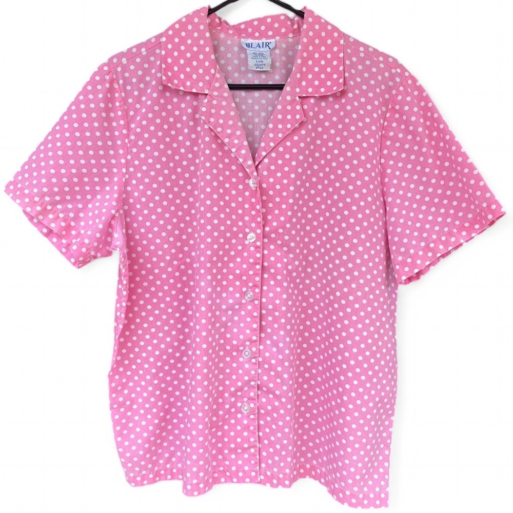 Vintage Blair Polka Dot Button Down Size Large Cotton Boxy Retro Pink 60s